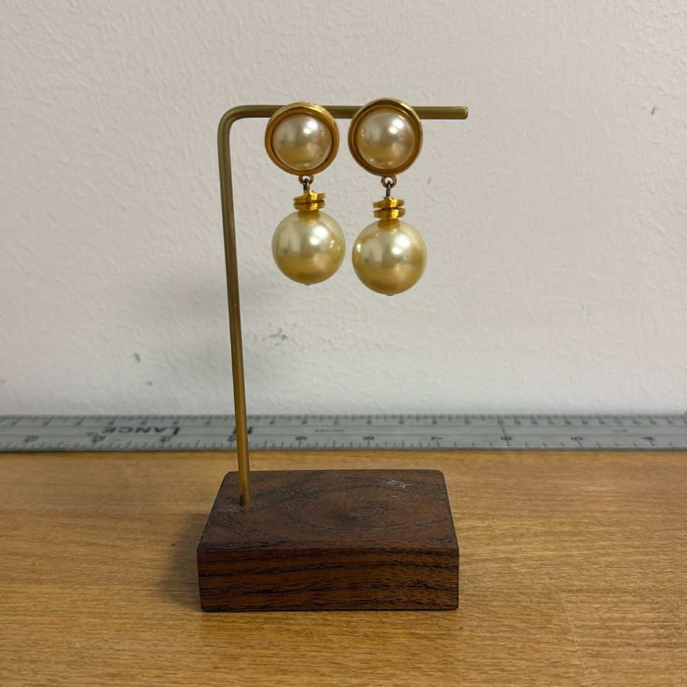 Faux pearl gold tone large dangle vintage earrings